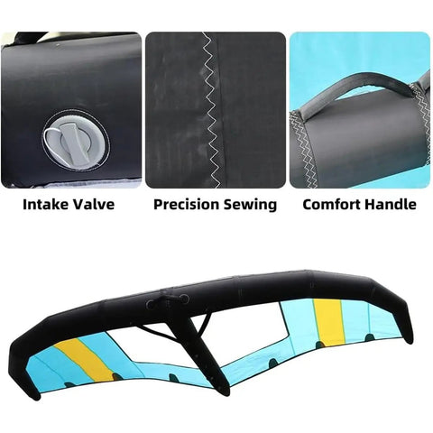 5m2 Handheld Inflatable Windsurf Wing with Window for Kitesurfing, showing intake valve, precision sewing, and comfort handle