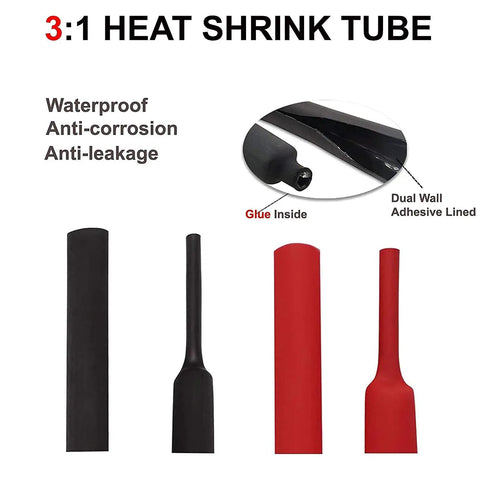 3:1 heat shrink tubes in black and red with adhesive lining for 10 Pieces 6 Gauge 5/16 Inch Wire Connectors With Tinned Copper Ring Terminals Marine Grade Battery Lugs Includes 3 To 1 Dual Wall Heat Shrink Tubing For Heavy Duty Secure Electrical Connections.