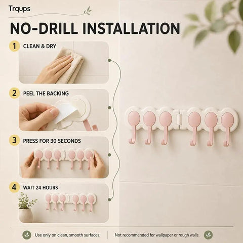 No drill installation steps for Six Hook Wall Rack Swivels 180 Degrees For Home Use No Hangups Peel Mount Shields Drywall.