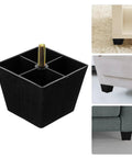 Sofa Foot Supports With Threaded Adjustable Square Furniture Legs 3 Inch Height, black plastic and metal, attached to furniture.