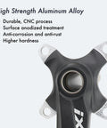 Close-up of 104 BCD Four Arm Mountain Bike Crankset, showing CNC process and anodized aluminum alloy with high strength.