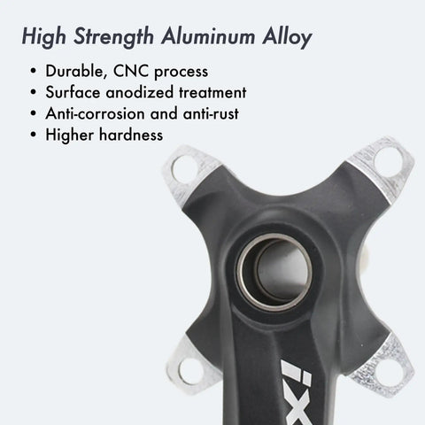 Close-up of 104 BCD Four Arm Mountain Bike Crankset, showing CNC process and anodized aluminum alloy with high strength.