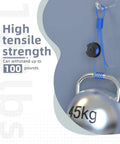 Blue wire with a hook securing a 45kg weight, showcasing high tensile strength and capacity to hold up to 100 pounds.