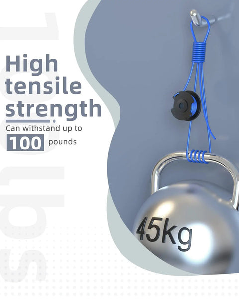 Blue wire with a hook securing a 45kg weight, showcasing high tensile strength and capacity to hold up to 100 pounds.