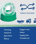 Kickass High Density PTFE Thread Seal Tape For Oxygen Lines And Plumbing Pipes Half Inch By 260 Inch Leak Proof Industrial Grade Sealant Roll 3 Pack on display with green tape for various plumbing applications.