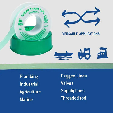 Kickass High Density PTFE Thread Seal Tape For Oxygen Lines And Plumbing Pipes Half Inch By 260 Inch Leak Proof Industrial Grade Sealant Roll 3 Pack on display with green tape for various plumbing applications.