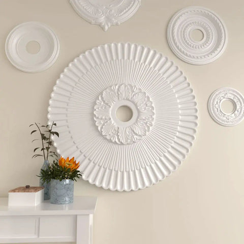 36 And One Quarter Inch Outside Diameter Ceiling Medallion With One Seven Eighths Inch Projection Fits Canopies Up To Six And A Quarter Inch Lightweight For Quick Install Dope Detailing Prime Ready For Paint Or Faux Finish displayed on wall