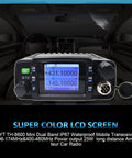 Mini 25 Watt Dual Band Mobile Radio Station with IP67 waterproof rating, showing large display and front microphone port in vehicle.