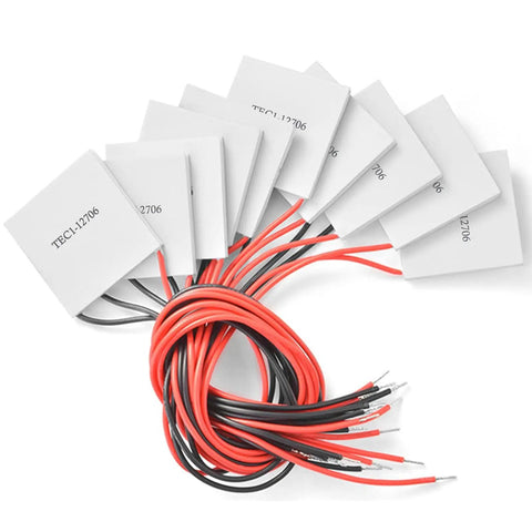 Dope 12V 60W Peltier Cooler Module For DIY PCs And Gaming Consoles, stack of 10 40mm TEC modules with red and black wires