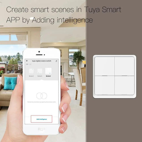 Wireless Smart Scene Switch Button For Four Gang Home Automation Battery Powered with app interface on phone