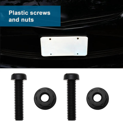 Tough As Nails M6 Plastic License Plate Screw Kit With Secure Fit Hex Nuts For Cars Trucks Motorcycles Sturdy Plastic Build Heavy Duty Bolt Set In Black And White 30 Piece Pack close-up of black plastic screws and nuts for license plates.
