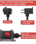 Inline Cord Switch With 3 Point 3 Foot 14 AWG Cable Three Pronged Piggyback Plug Waterproof IP67 Extension Cord On Off Power Switch With Red LED Rocker Button For Outdoor And Indoor Use, shown with 3-prong plug and red LED switch