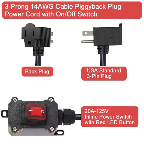 Inline Cord Switch With 3 Point 3 Foot 14 AWG Cable Three Pronged Piggyback Plug Waterproof IP67 Extension Cord On Off Power Switch With Red LED Rocker Button For Outdoor And Indoor Use, shown with 3-prong plug and red LED switch
