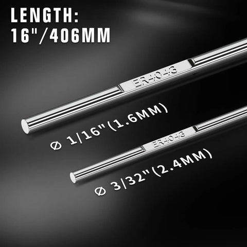 Length comparison of ER4043 Aluminum TIG Welding Rod 1 Sixteenth Inch By 16 Inch 3 Lb General Purpose Filler Wire in 1/16 inch and 3/32 inch sizes.