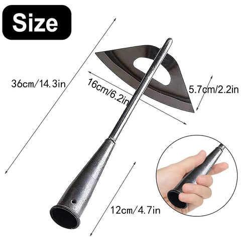 All Steel Hollow Garden Hoe With Long Handle, size dimensions showing blade, handle, and ergonomic grip for easy weeding.
