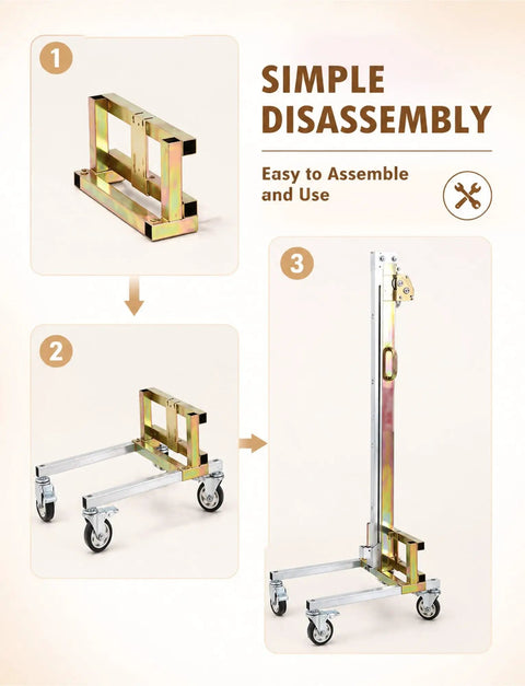 Assembly steps for Heavy Duty Portable Mobile Lifting Stacker Tool That Lets You Boss Cabinets Into Place With Ease.