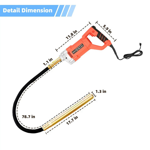 Electric Concrete Vibrator Workhorse 1500W 110V Handheld With 6.6 Ft Shaft 4200 RPM Pro Grade Construction Tool dimensions