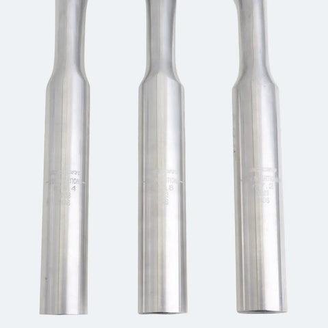 Three chrome molybdenum steel seat posts for BMX and fixed gear bikes, showing 25.4mm, 26.8mm, 27.2mm diameters, 230mm length.