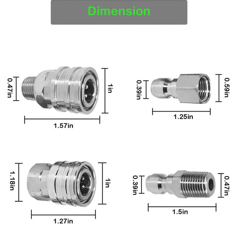 Amazon stainless steel set of four 1/4 in quick-connect pressure washer fittings with female and male NPT adapters.