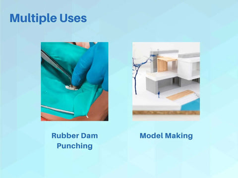 Image showing uses of Titanium Tip Rotary Leather Punch Tool With Adjustable Hole Sizes 0.8Mm 1.0Mm 1.2Mm 1.5Mm And 2Mm for rubber dam punching and model making.