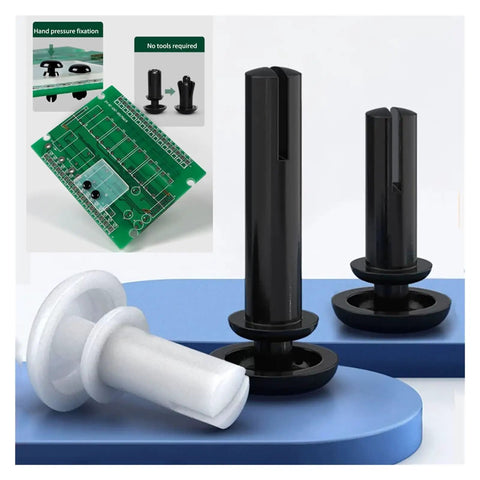 Rock Solid Nylon Expansion Rivet Clips For Pcb Electronics And Car Body Panels Quick Install Fasteners 4Mm To 12Mm Hole Size Black bulk with PCB in background.