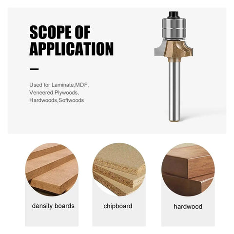 Get Ready To Smooth All Your Corners With This Killer 6Mm Double Bearin Round Edge Router Bit Perfect For Professional Woodworking On MDF And Plywood, showing application on density boards, chipboard, and hardwood.