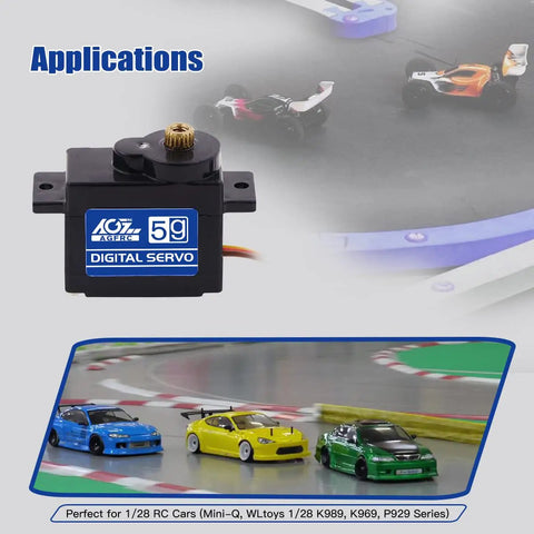Sub Micro RC Servo Motor With Metal Gear, 8g Light, showcased in 1/28 RC car application settings, ideal for fast digital drift.