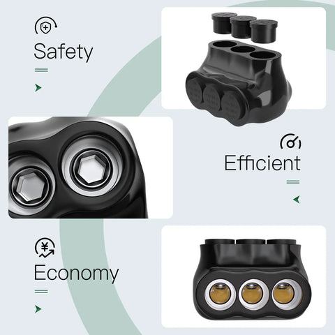 5 Pack 3 Port Insulated Multi Tap Wire Connectors Single Sided Entry For 2/0 To 6 AWG showing safety and efficient design.