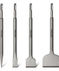 Front view of Firecore SDS Plus tile removal chisel set, 4-piece alloy steel chisels for demolition