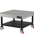 Heavy Duty Mobile Welding Fixture Table, Rock Solid Laser Cut Steel Surface, Hella Tough Locking Caster Wheels, Built In Storage Shelf, Smooth Rolling Shop Work Station, 60X60X36 Inch with metal surface and red caster wheels.