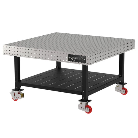 Heavy Duty Mobile Welding Fixture Table, Rock Solid Laser Cut Steel Surface, Hella Tough Locking Caster Wheels, Built In Storage Shelf, Smooth Rolling Shop Work Station, 60X60X36 Inch with metal surface and red caster wheels.
