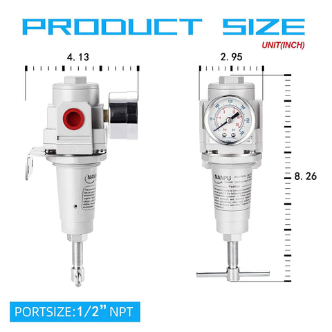 Half Inch NPT High Pressure Air Regulator With T Handle, 0-300 Psi Gauge, Metal Bracket, dimensions detailed illustration