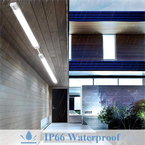 2Ft LED Shop Light With Plug mounted outdoors, showcasing IP66 waterproof feature, Linkable 5000K Tube Light setup for exterior use