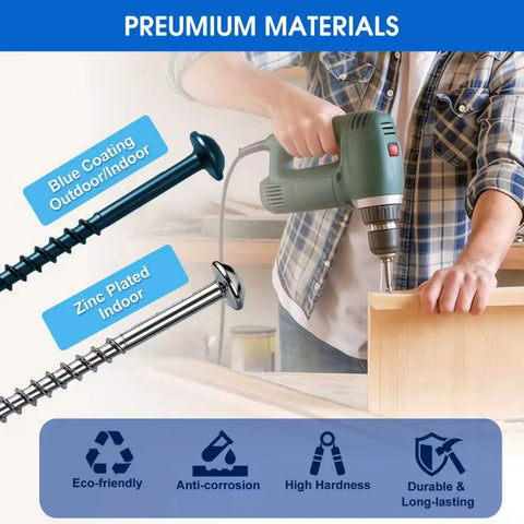 Man using drill with Pocket Hole Screws Kit 700 Pcs Five Size Assortment Of Number Eight Wood Screws, blue and zinc finishes.