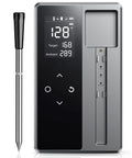 Ultra Thin Wireless Meat Thermometer With 0.5 Second Instant Read Digital Food Thermometer 600ft Bluetooth Range Real Time Monitoring And Smart Alerts For BBQ Grill Smoker Oven And Air Fryer, grey device with digital display and probe