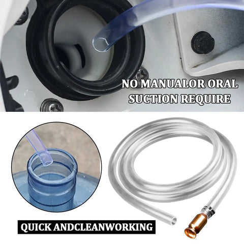 Heavy Duty Car Gas Siphon Hose Pump 5.9 Foot Safe Self Priming Transfer Tube For Fuel Water And Oil with clear PVC tube near fuel tank.