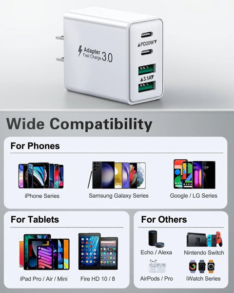 40W USB-C Quad Charger Block With Four Ports, Fast PD And QC Wall Charger For iPhone 17 To 11 Pro Max And Samsung, Dual USB-C PD Ports, 20W Max Per Port, Fast Charge Up To 3x Faster. White 2-pack USB charger for phones, tablets, and accessories
