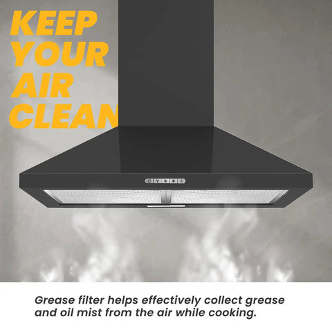 Black range hood with Aluminum Range Hood Filter For 36 Inch Broan Nutone Hoods Mesh Grease Replacement installed.