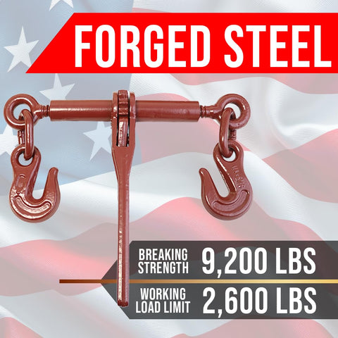 Heavy Duty Ratchet Chain Load Binder Two Pack Built Tough With Forged Grab Hooks On Both Ends Fits One Quarter To Five Sixteenths Inch Chain 2600 Lbs Working Load Limit Tie Down Gear with forged steel and breaking strength 9200 lbs