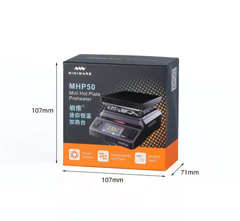MHP50 Compact Soldering Preheater Hot Plate packaging with dimensions 107mm x 107mm x 71mm shown with OLED display.