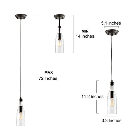 Diagram showing dimensions of Glass Pendant Light For Kitchen Island With Modern Farmhouse Vibe Bottle Shaped Hanging Fixture.