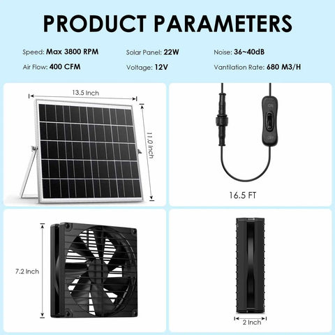 7 Inch Solar Powered Dual Fan Exhaust Vent With 44W Panel For Outdoor Greenhouse Chicken Coop Shed And Trailer IPX7 Waterproof Brushless DC Motor 16.5 Ft On Off Cable For Maximum Fresh Air