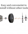 Quartz Long Shaft Clock Movement Replacement Kit for DIYers parts layout, showing tool-free installation with components.