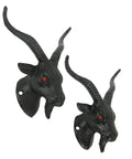Badass Set Of Two Baphomet Coat Hooks 6 Inch Cast Iron Wall Mounts, black goat heads with red eyes, heavy duty decorative hooks.