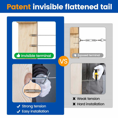 Comparison of Patented Hidden End One Eighth Inch Invisible Cable Railing Kit With Swage Lag Screws And Aluminum Ferrules, showing installation differences