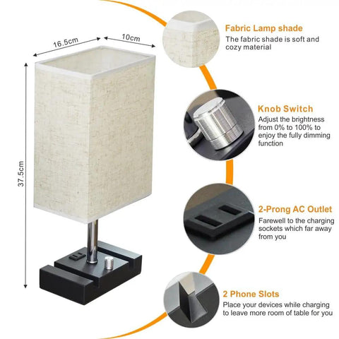 Must Have Fully Dimmable Bedside Lamp Set With Dual USB Ports And AC Outlet showing dimensions and features