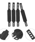 Four black Anti Slip Bike Pedal Straps, 2 Pack Footrest Straps For Exercise Bike Replacements And Gym Workouts, shown with close-up details.