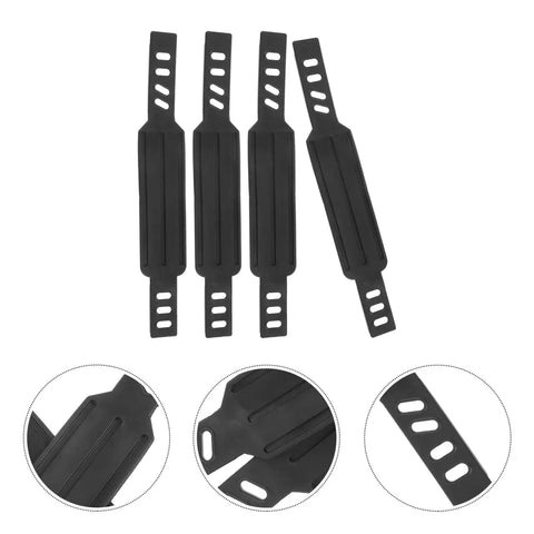Four black Anti Slip Bike Pedal Straps, 2 Pack Footrest Straps For Exercise Bike Replacements And Gym Workouts, shown with close-up details.