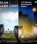Solar Flame Lights displaying day and night use with eco-friendly design, showcasing flickering flame effect and rechargeable battery.