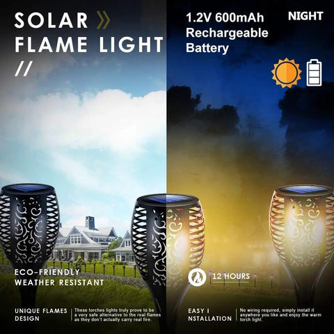 Solar Flame Lights displaying day and night use with eco-friendly design, showcasing flickering flame effect and rechargeable battery.